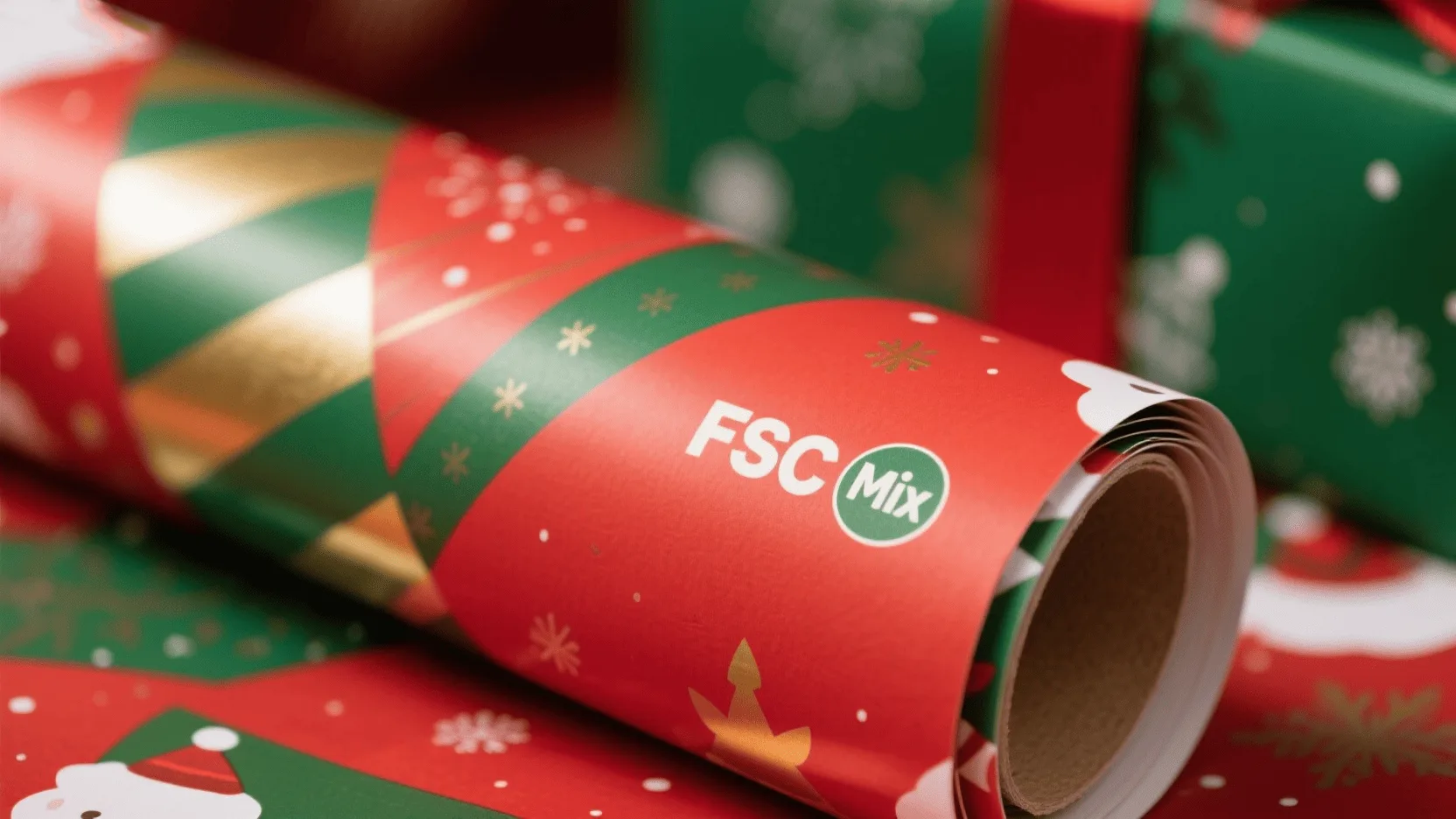 A close-up of the FSC Mix logo printed discreetly on a roll of festive Christmas gift wrapping paper.