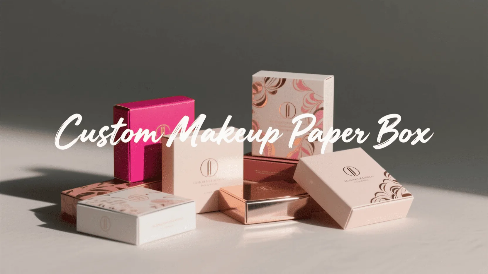 A collection of stylish custom makeup boxes with brand logos clearly visible.