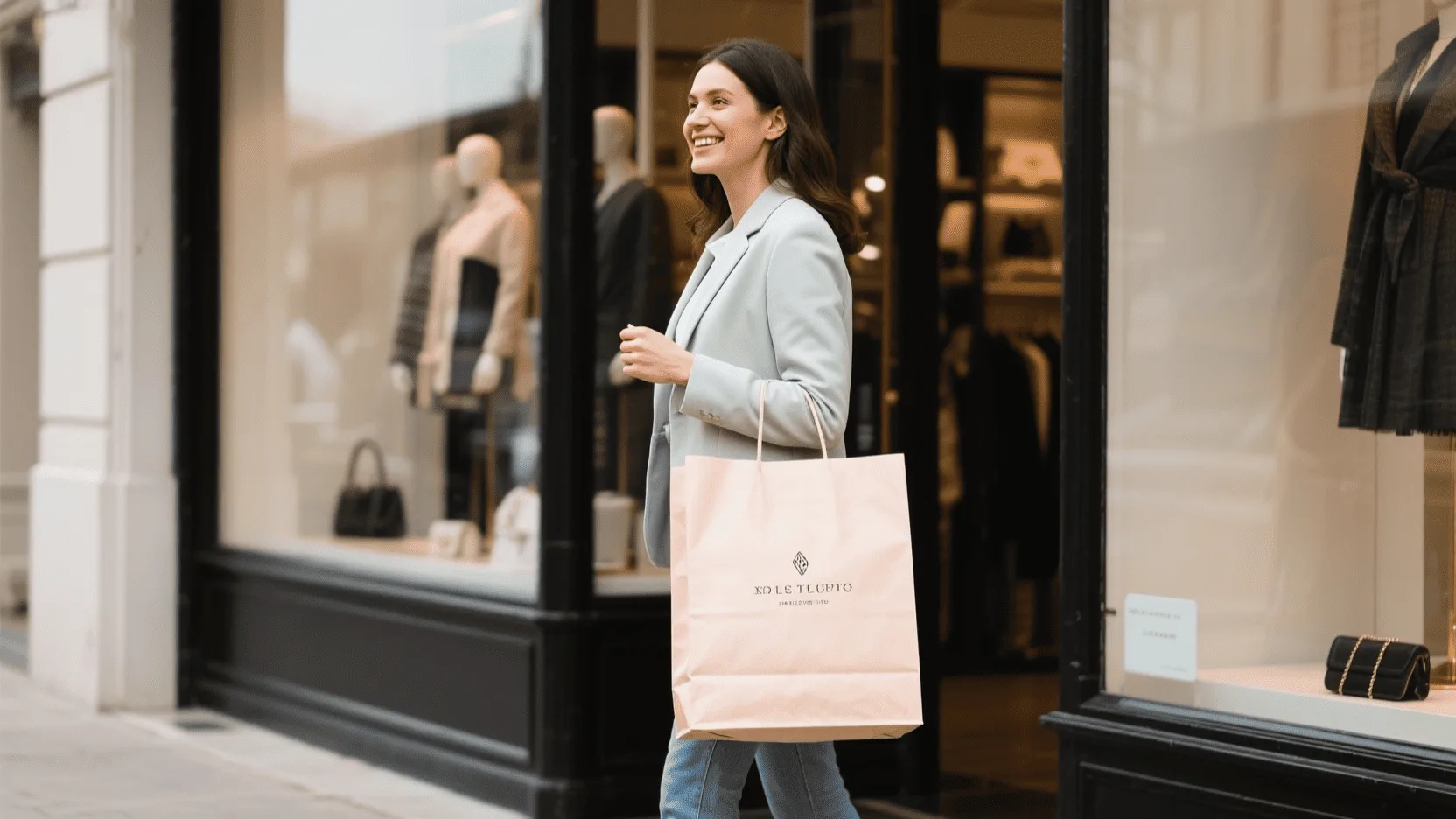 A happy customer leaving a boutique store, holding a beautiful branded paper bag.
