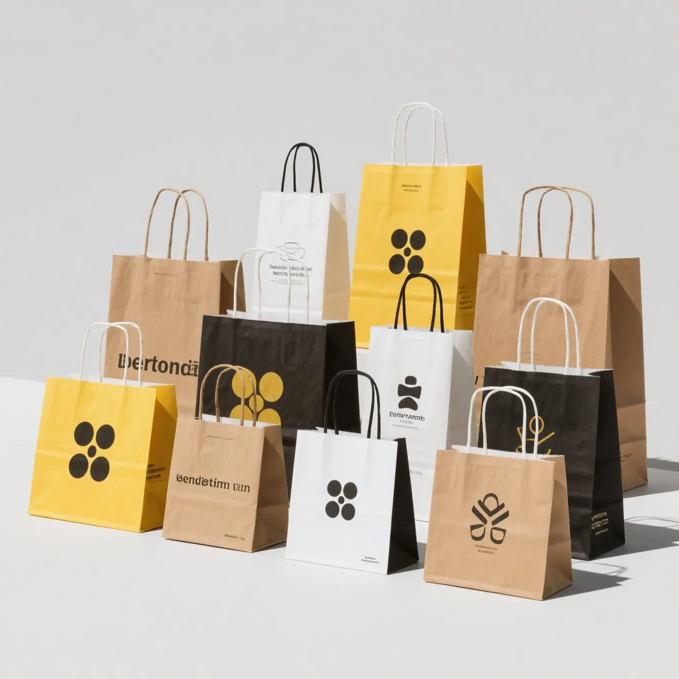 A collection of custom printed paper bags with different finishes