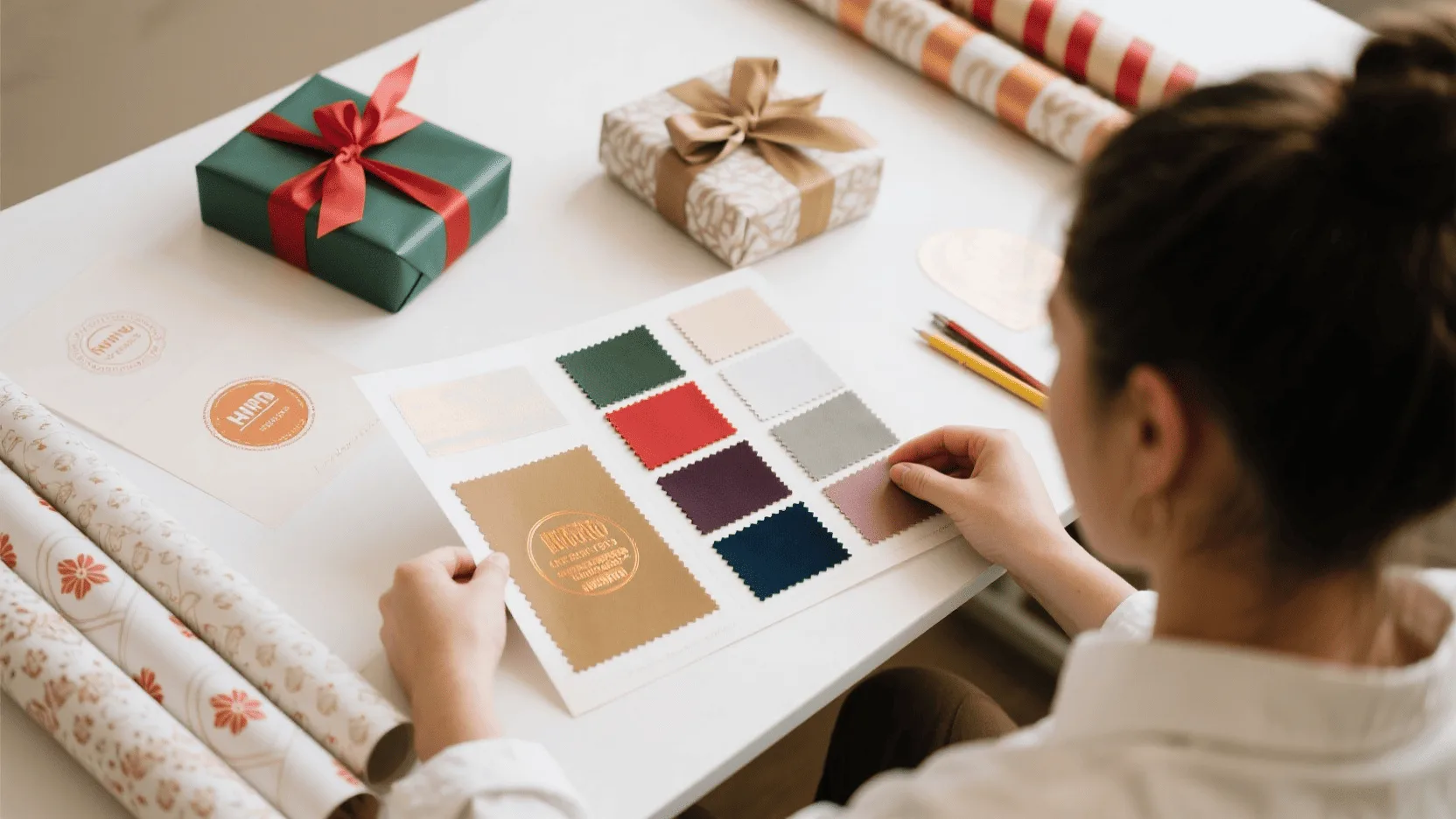 A designer looking at different swatches for custom wrapping paper, including hot stamping and laminating options.
