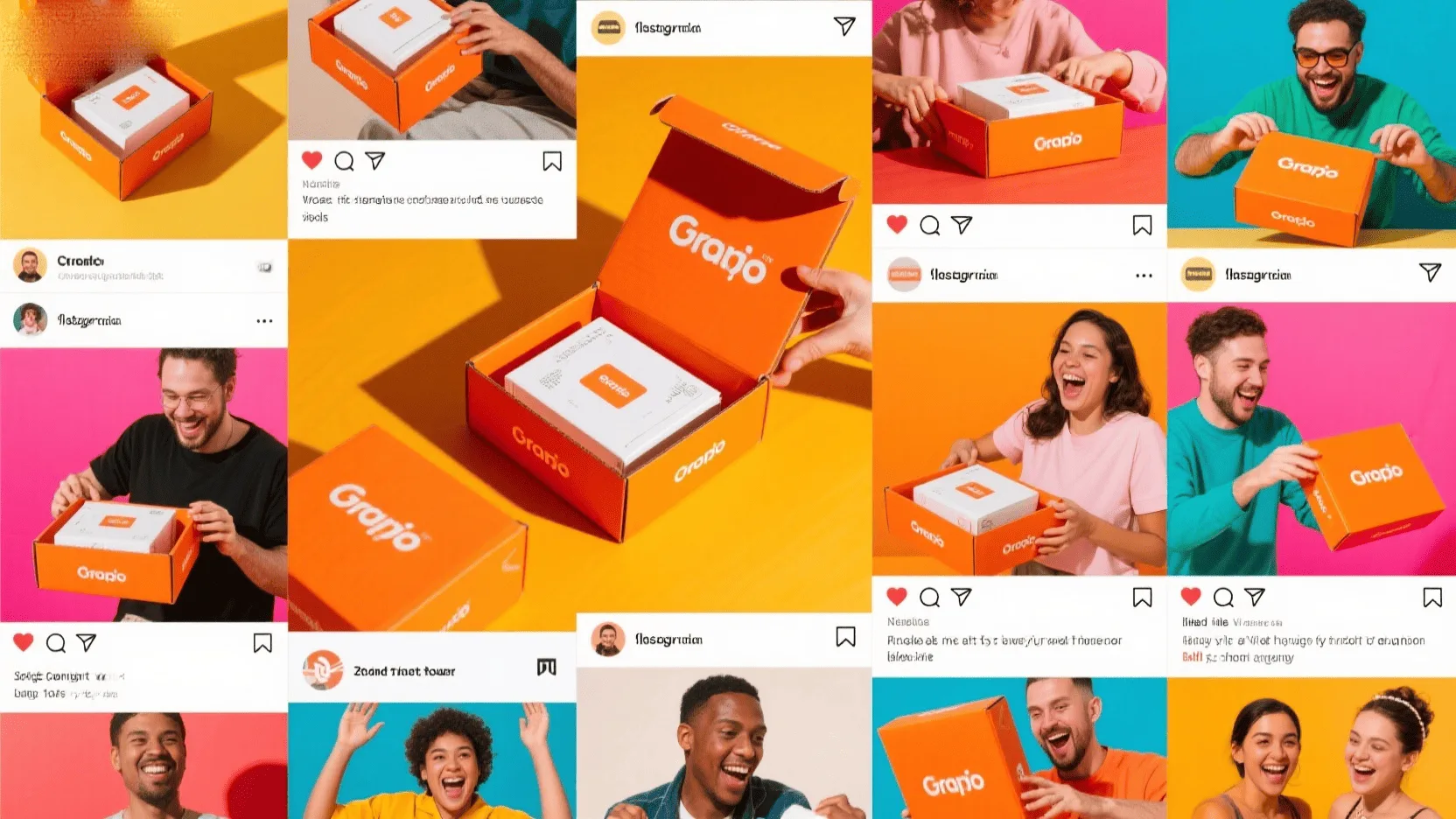 A collage of social media posts showing customers excitedly unboxing products from custom branded boxes.