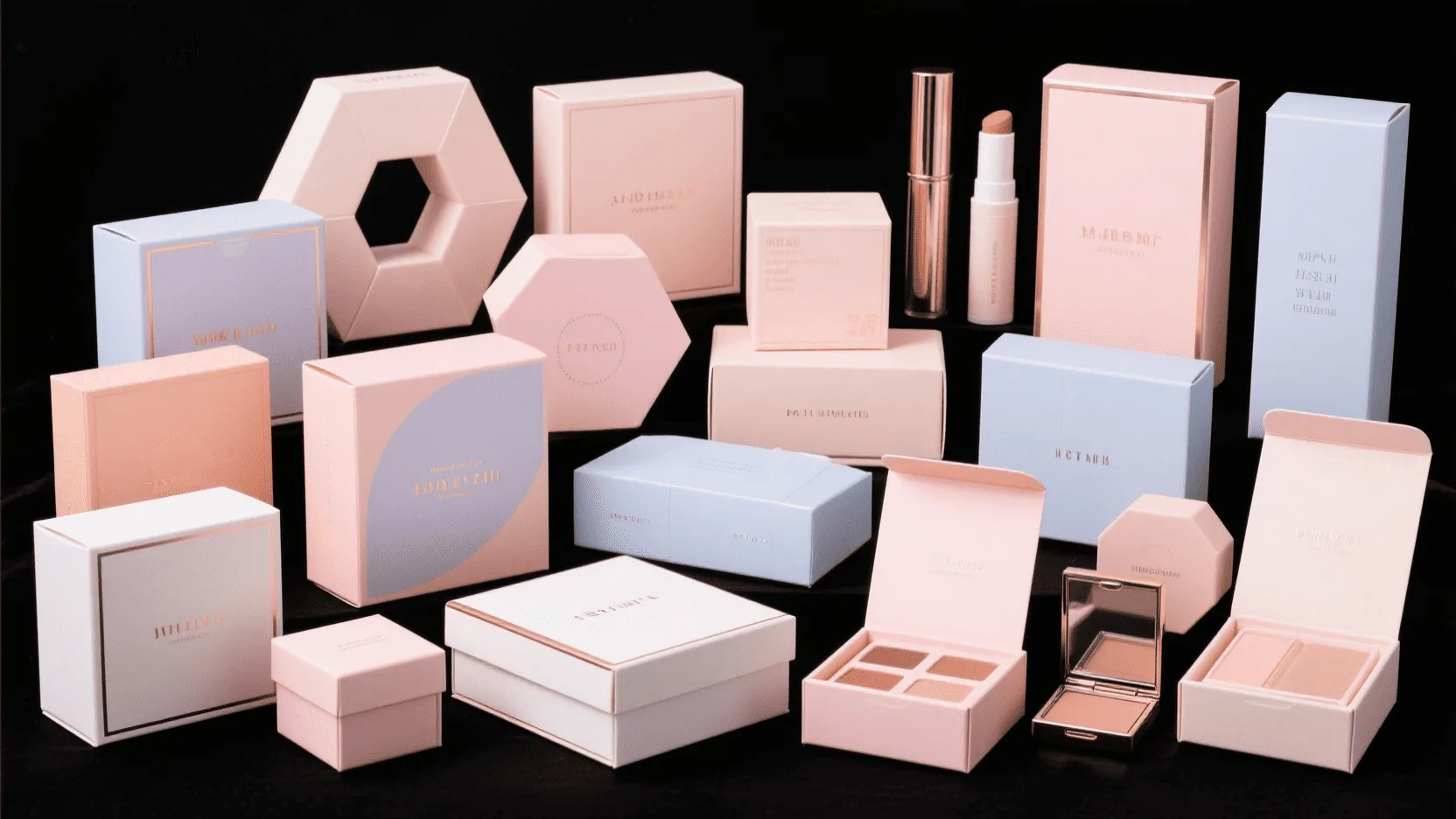 A collection of beautifully designed, modern and customized makeup boxes in various shapes and pastel colors.