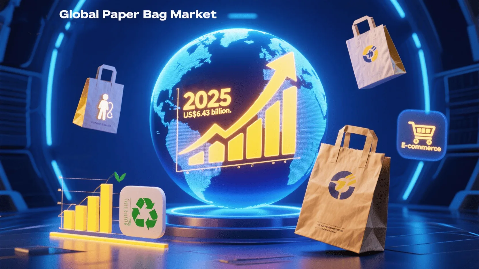 A dynamic infographic displaying key growth statistics for the paper bag market.