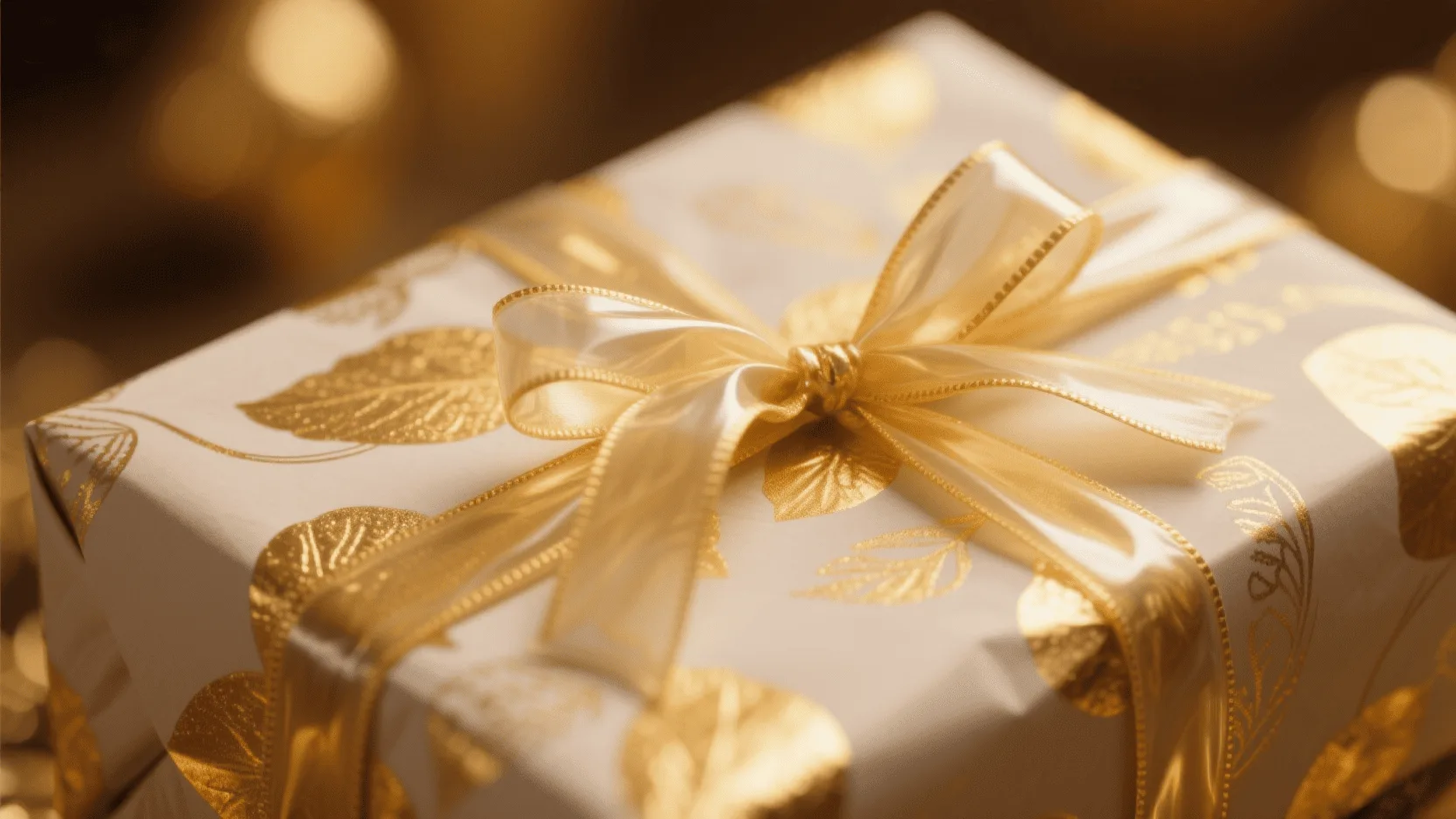 A beautiful gift wrapped with a paper that has gold foil details and is tied with a non-recyclable plastic ribbon.