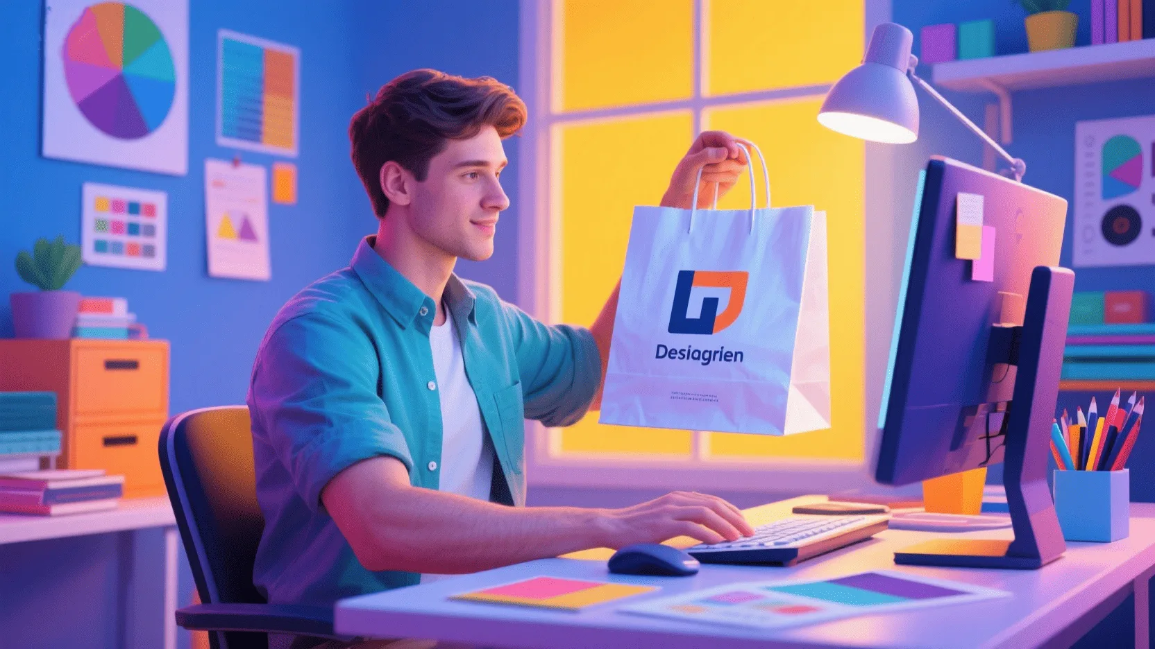 A graphic designer working on a computer, showing a custom paper bag design with logo and branding elements.