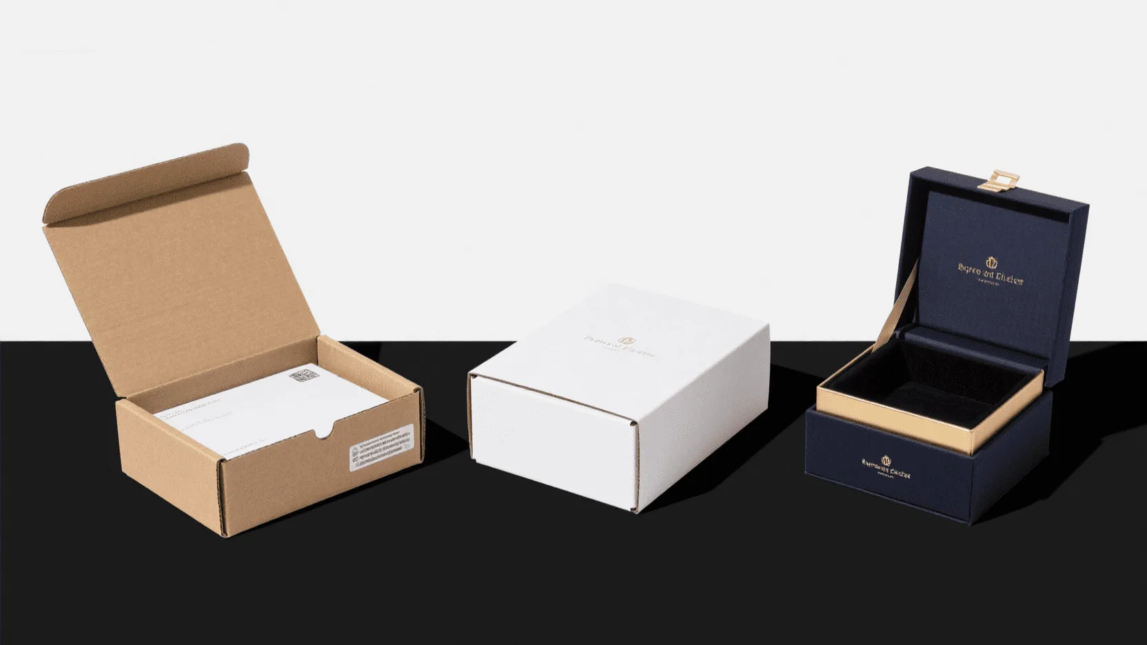 Three types of boxes side-by-side: a corrugated mailer box, a white folding carton, and a luxury rigid box.