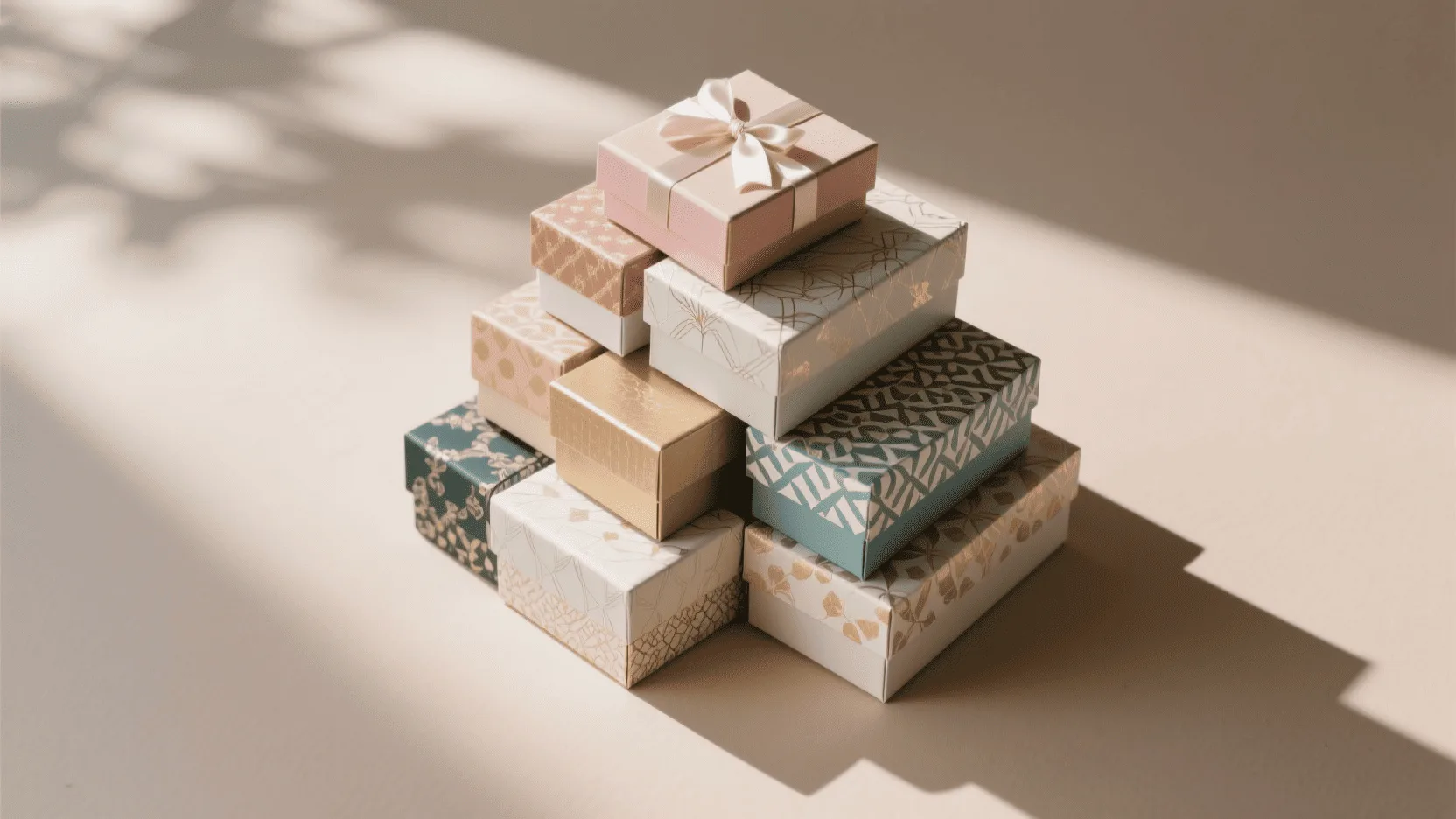 A stack of elegant gift boxes made from different types of specialty paper