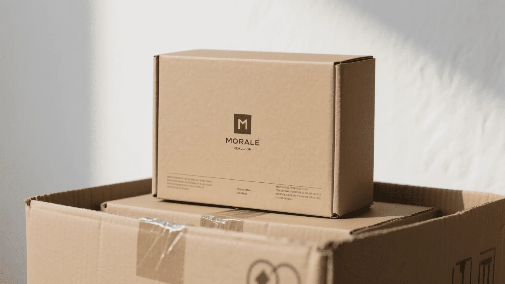 A product box wrapped in thick, durable kraft paper, looking secure and protected inside a shipping carton.