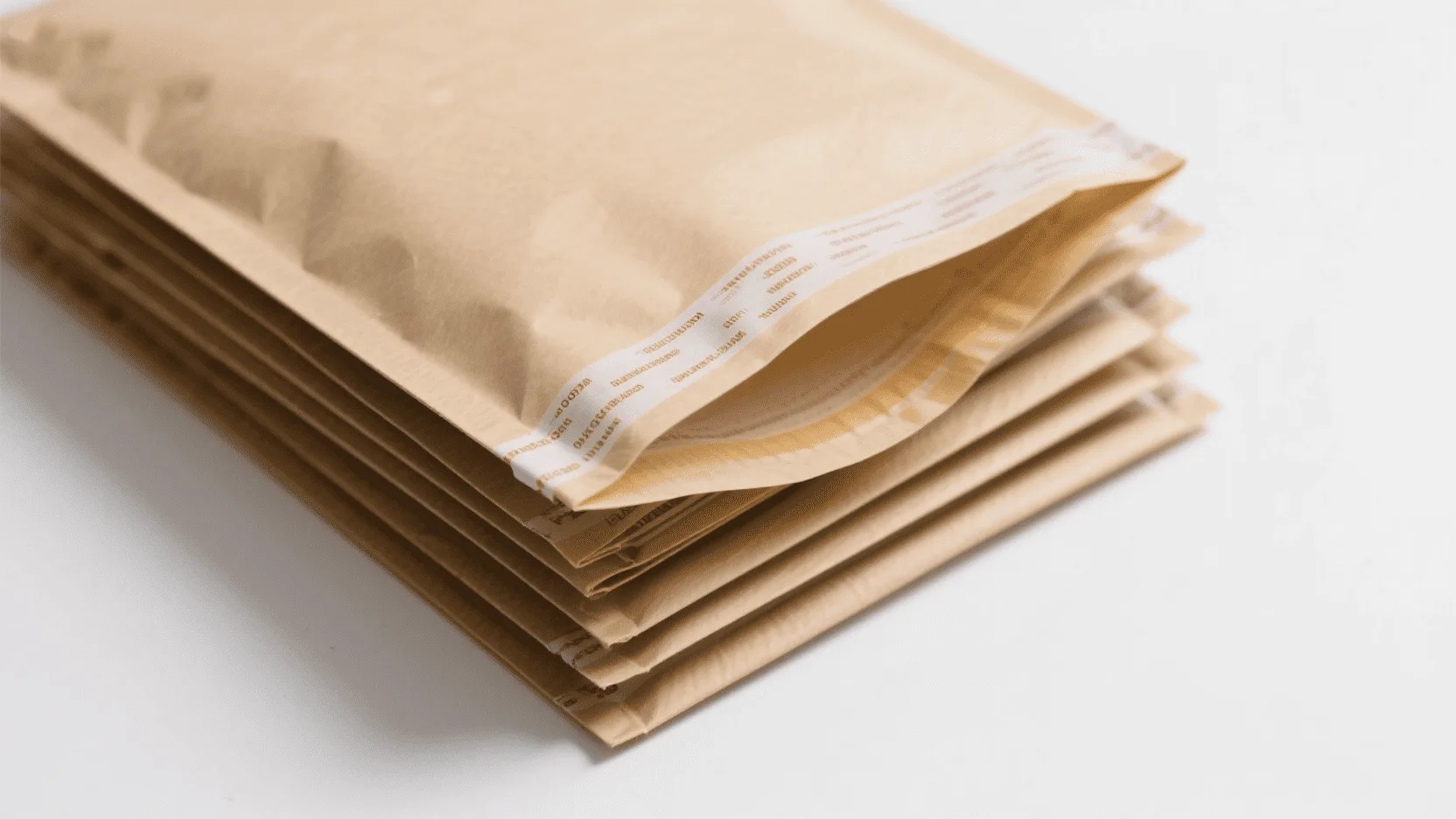 A stack of durable paper mailer bags with self-sealing strips, ready for shipping.