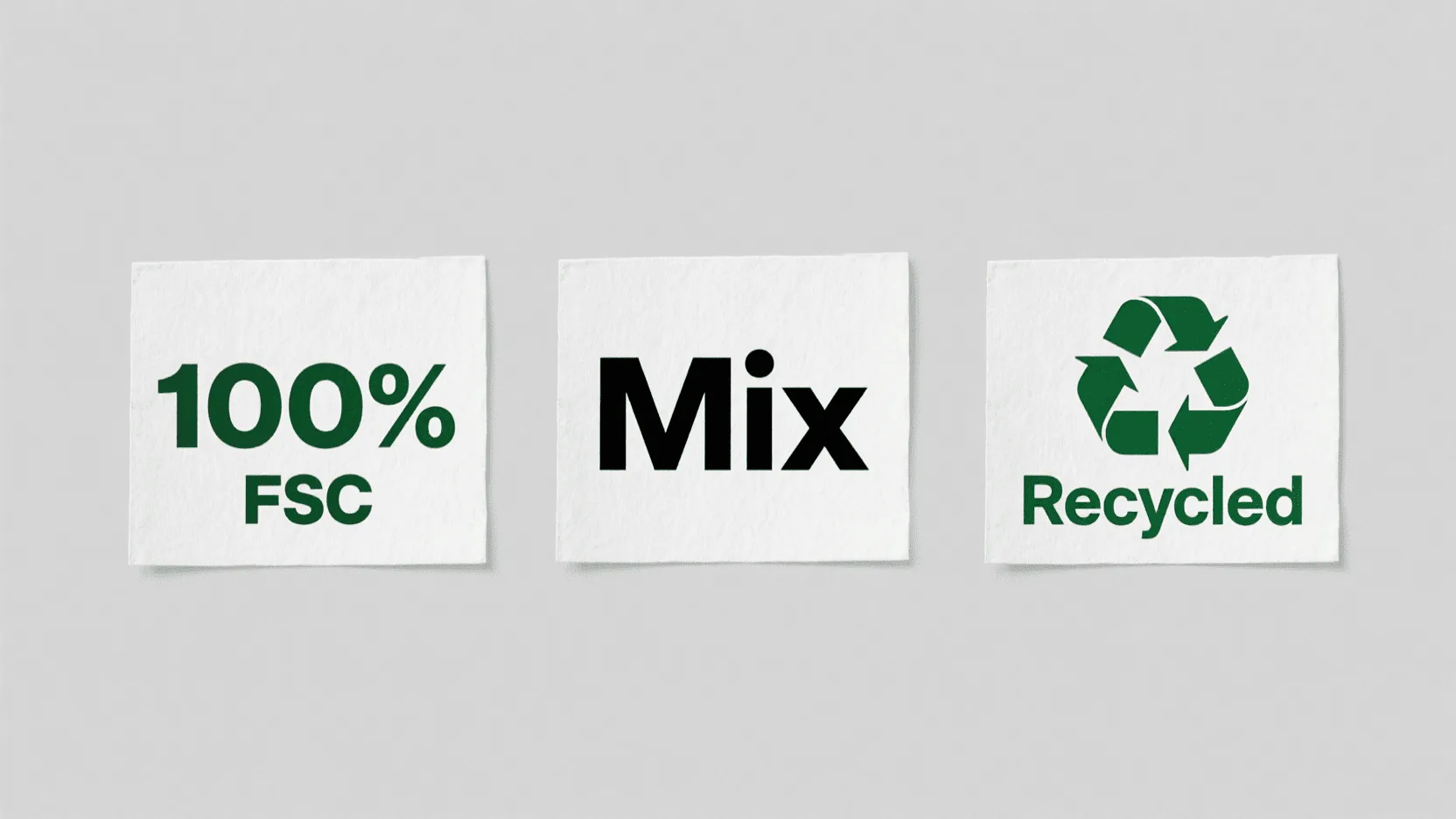A side-by-side comparison of the three official FSC labels: 100%, Mix, and Recycled.