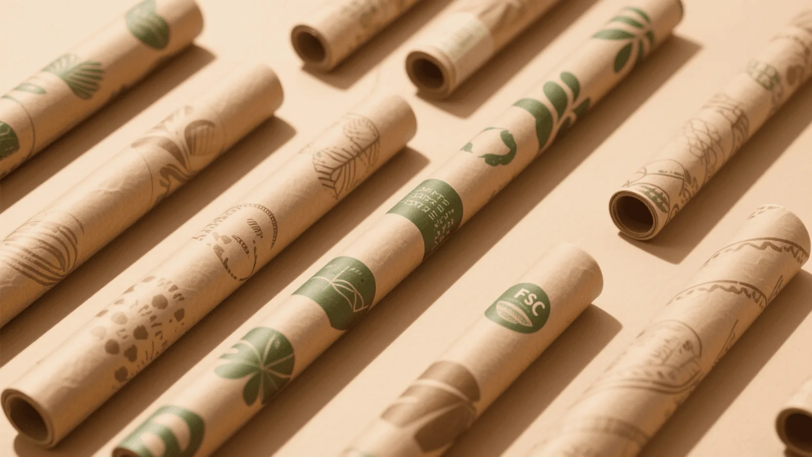 Rolls of eco-friendly kraft and FSC-certified wrapping paper with custom designs.