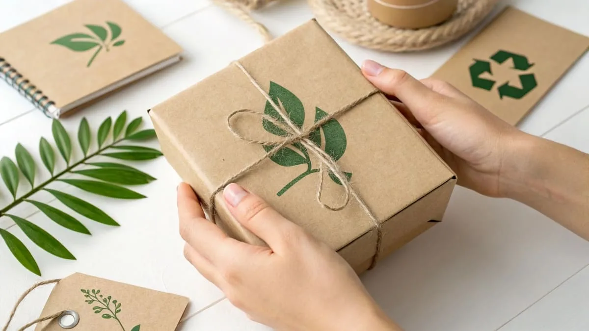 A hand holding a gift box made from recycled kraft paper, with a green leaf symbol printed on it.