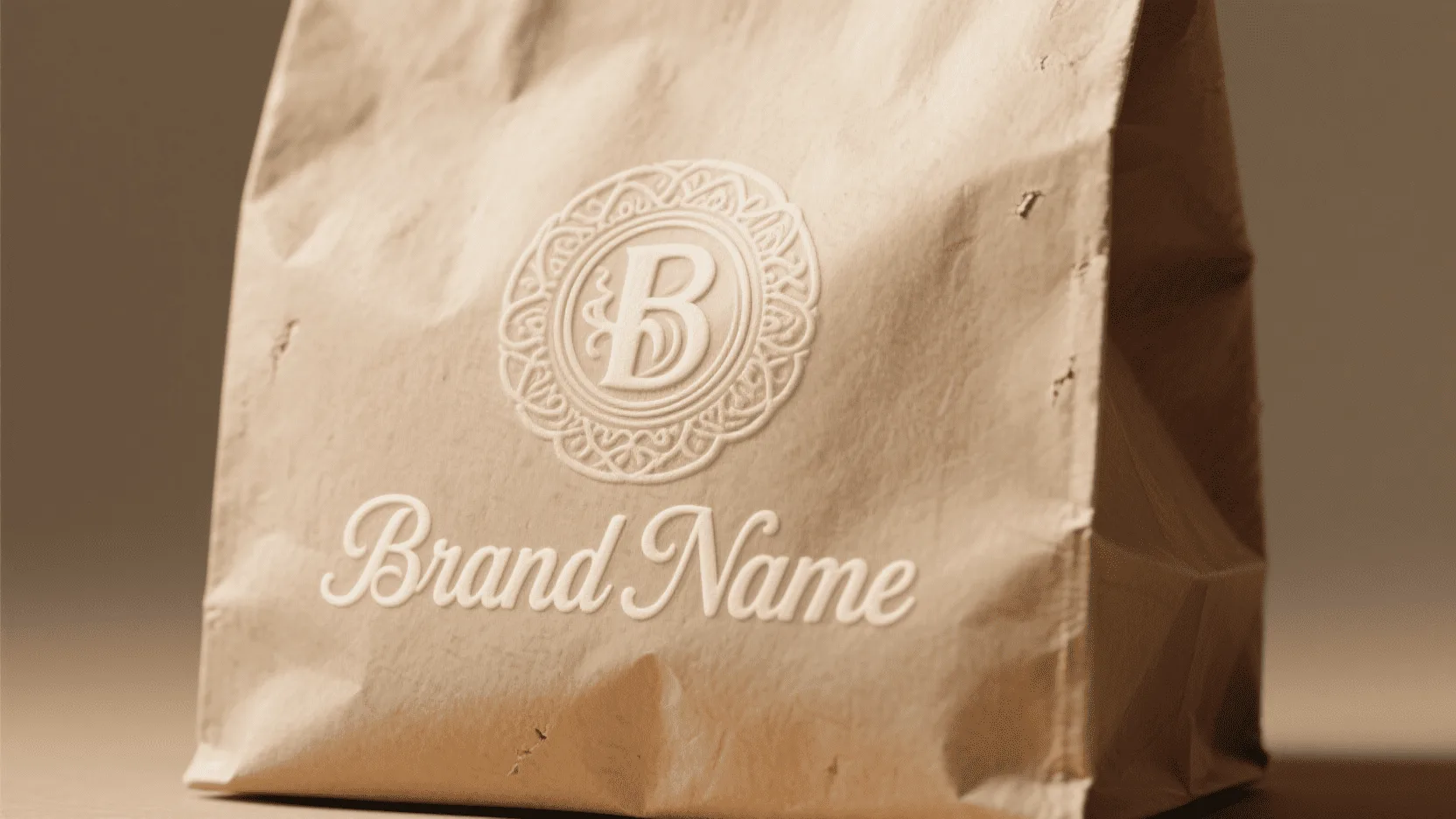 A beautifully embossed logo on a thick, uncoated kraft paper bag, showing that texture can replace lamination.