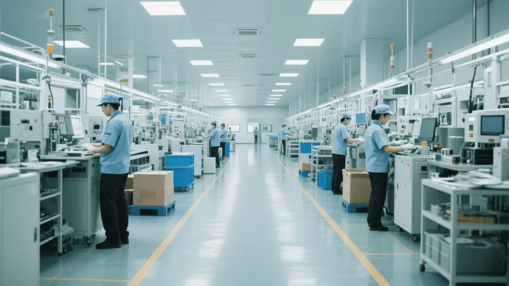 A clean and organized factory floor with workers in uniform, demonstrating a professional and ethical manufacturing environment.