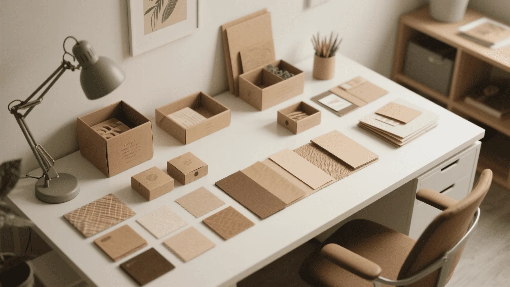 A designer's desk with swatches of different sustainable paper materials and box prototypes.