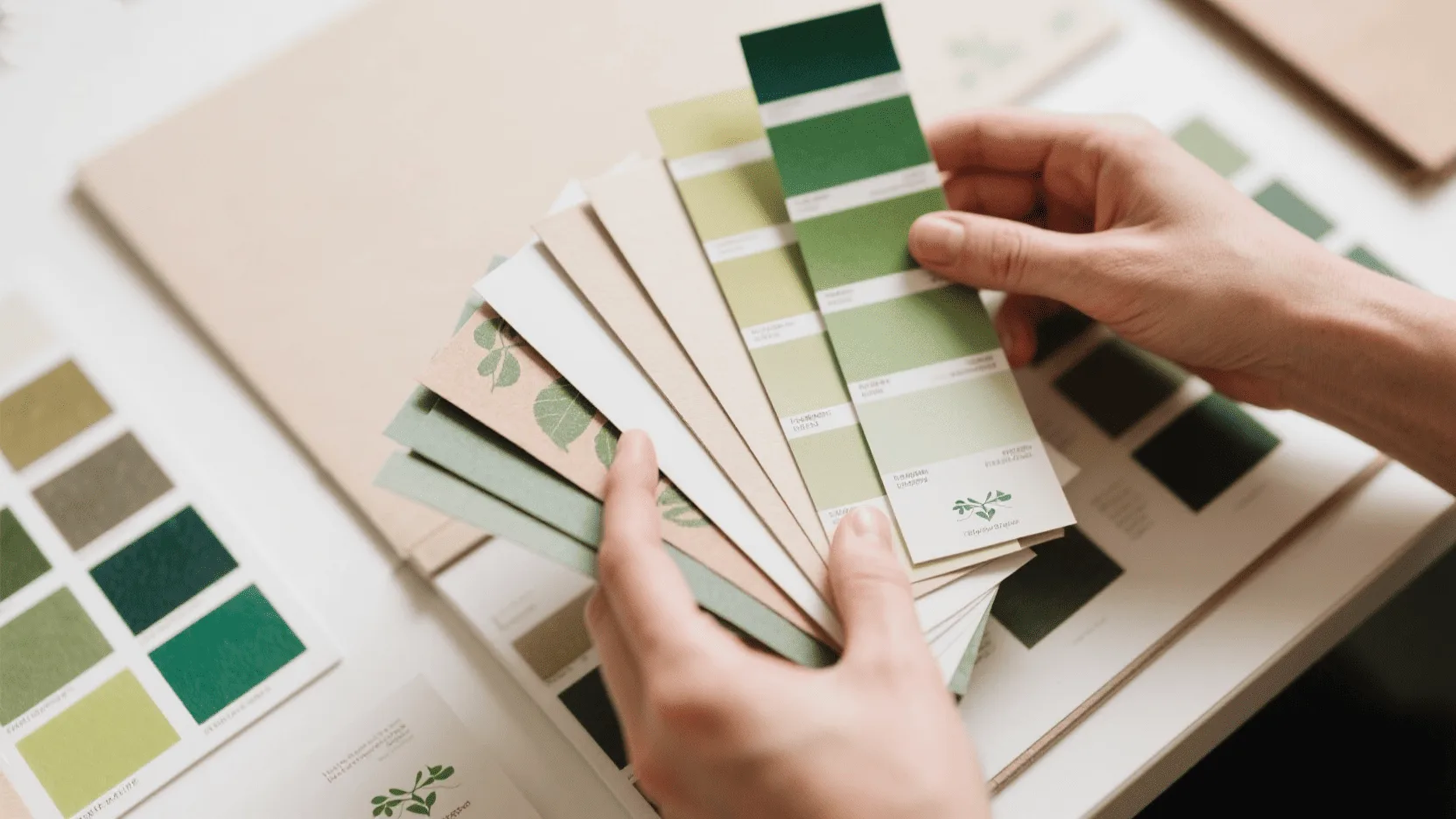A close-up of a designer's hands examining different paper stock swatches and eco-friendly ink samples.