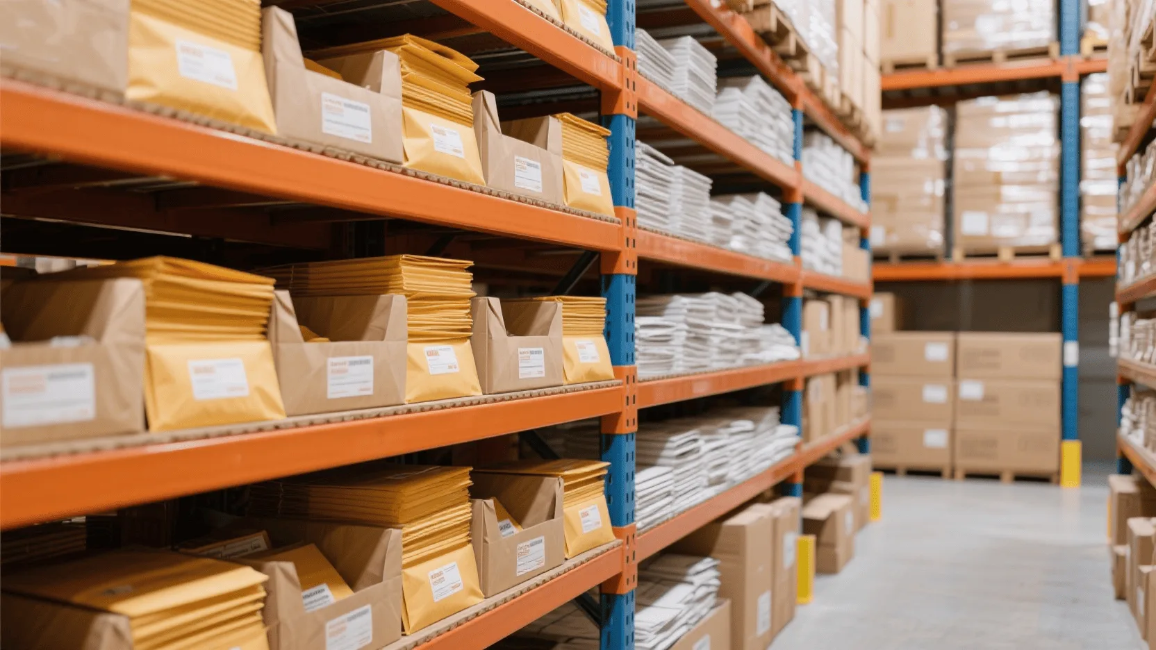 A neatly organized warehouse shelf stacked high with flat, space-saving paper mailers, contrasting with bulky boxes.