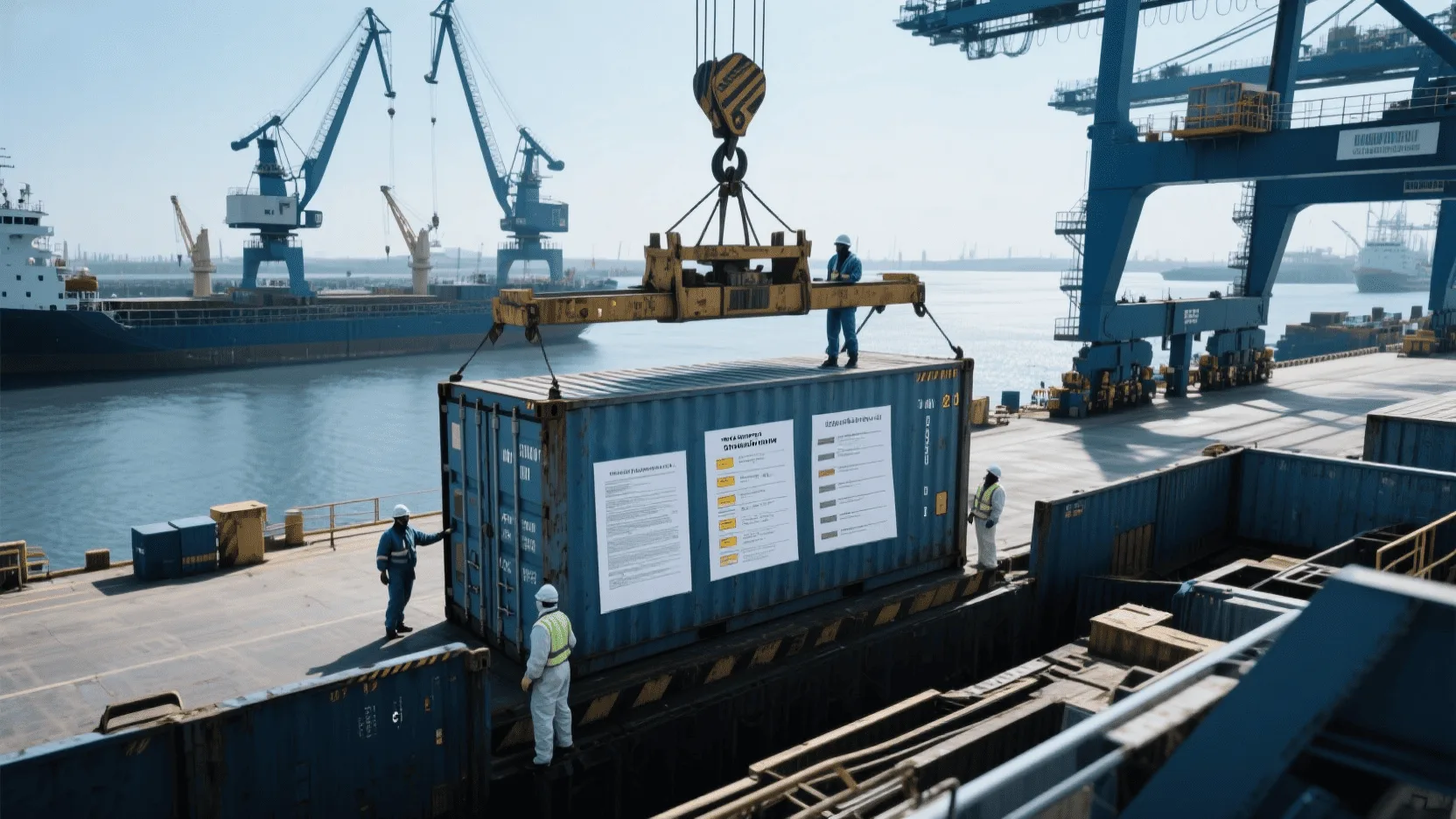 A shipping container being loaded at a port, with compliance checklists and documents overlaid.