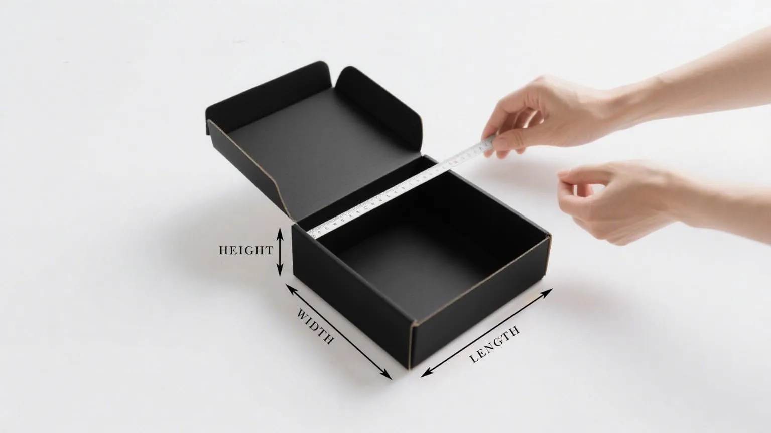 A person measuring the inside of a cardboard box with a tape measure
