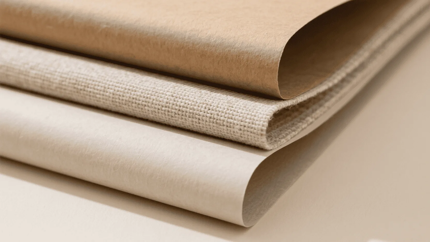 A stack of different wrapping papers showing off their textures: one kraft, one with a visible linen finish, and one smooth matte.