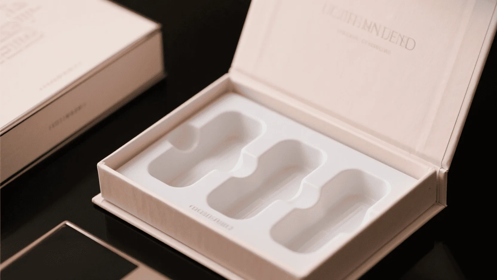 A high-end rigid makeup box with a magnetic closure clicking shut, showcasing a perfectly fitting molded pulp insert inside.