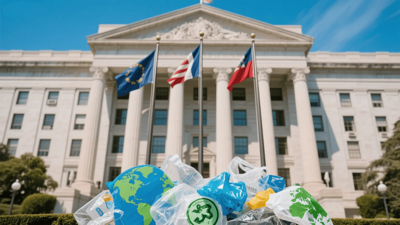 An image of a government building with flags, symbolizing global policy-making against plastic pollution.