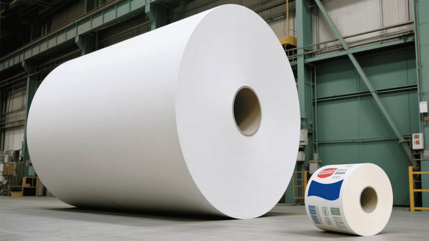 A massive industrial jumbo roll of paper next to a small, consumer-sized roll to show the extreme difference in scale.