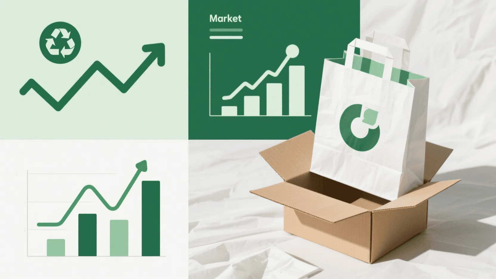 A collage of images showing paper bag market growth charts, sustainability symbols, and an e-commerce package being opened.