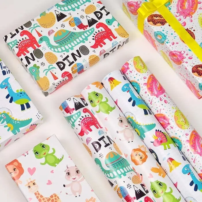 Kids gift wrapping paper with colorful illustrations
