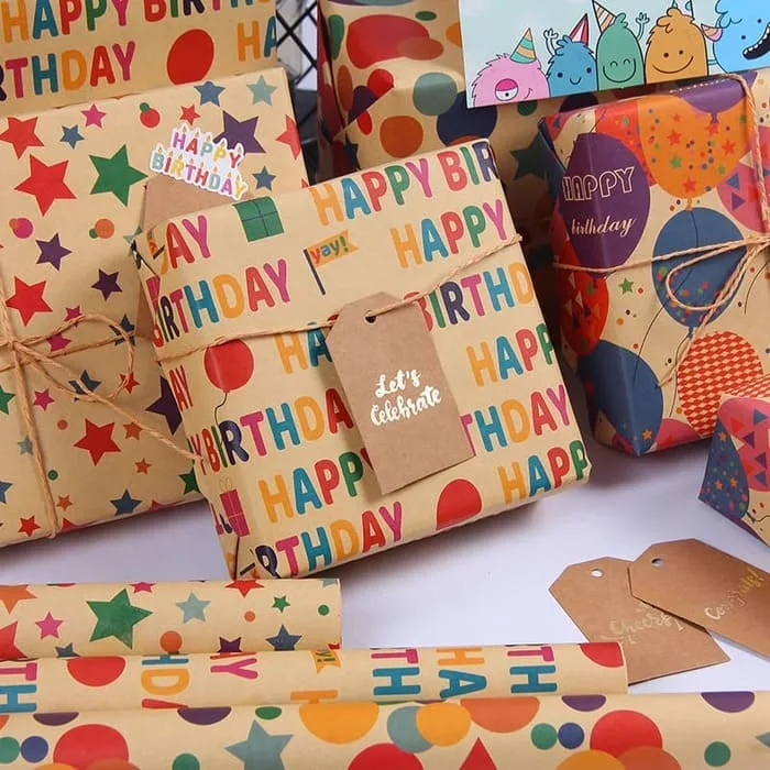 Eco kraft birthday wrapping paper with fun patterns