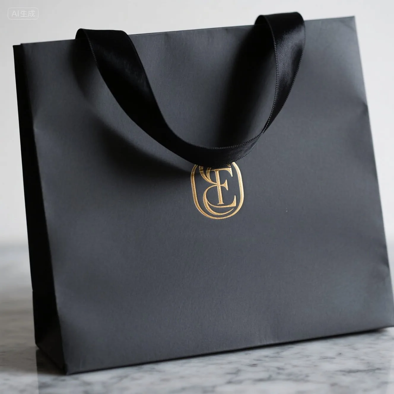 A close-up of a luxury Eurotote bag with a soft ribbon handle and foil stamping