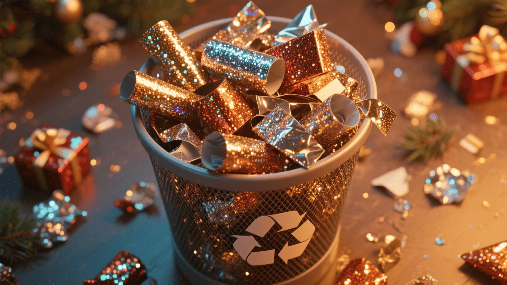A recycling bin overflowing with shiny, glittery Christmas wrapping paper that cannot be recycled.