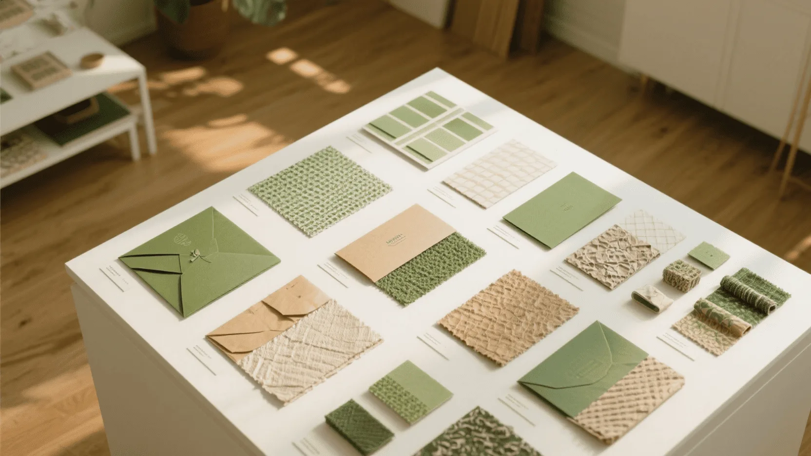 A display showing different paper textures and sustainable material options for packaging.