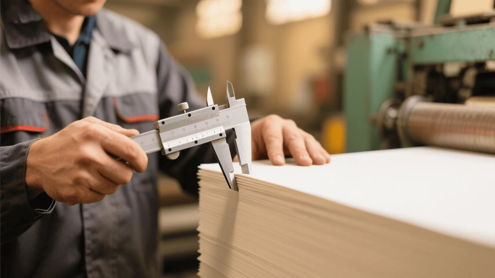 A factory worker measuring the thickness of a sheet of paper with a caliper