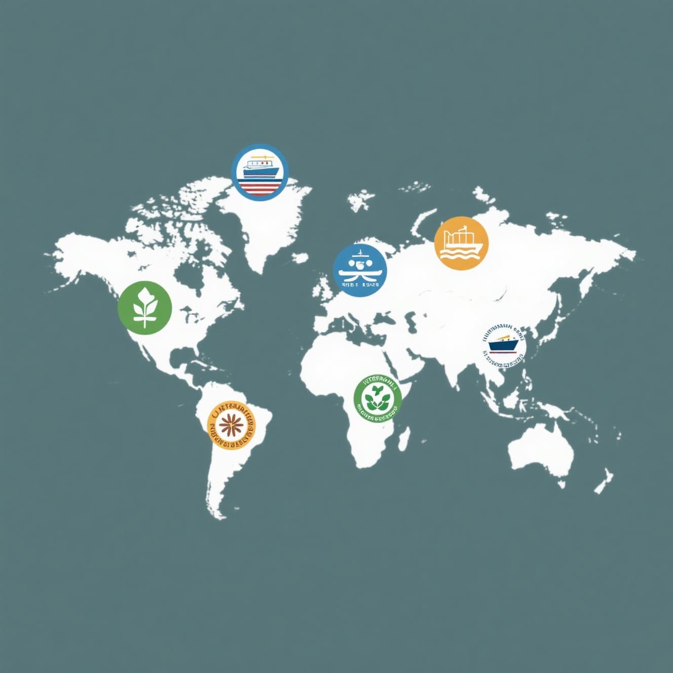 A stylized world map with icons representing international shipping regulations and sustainability standards.