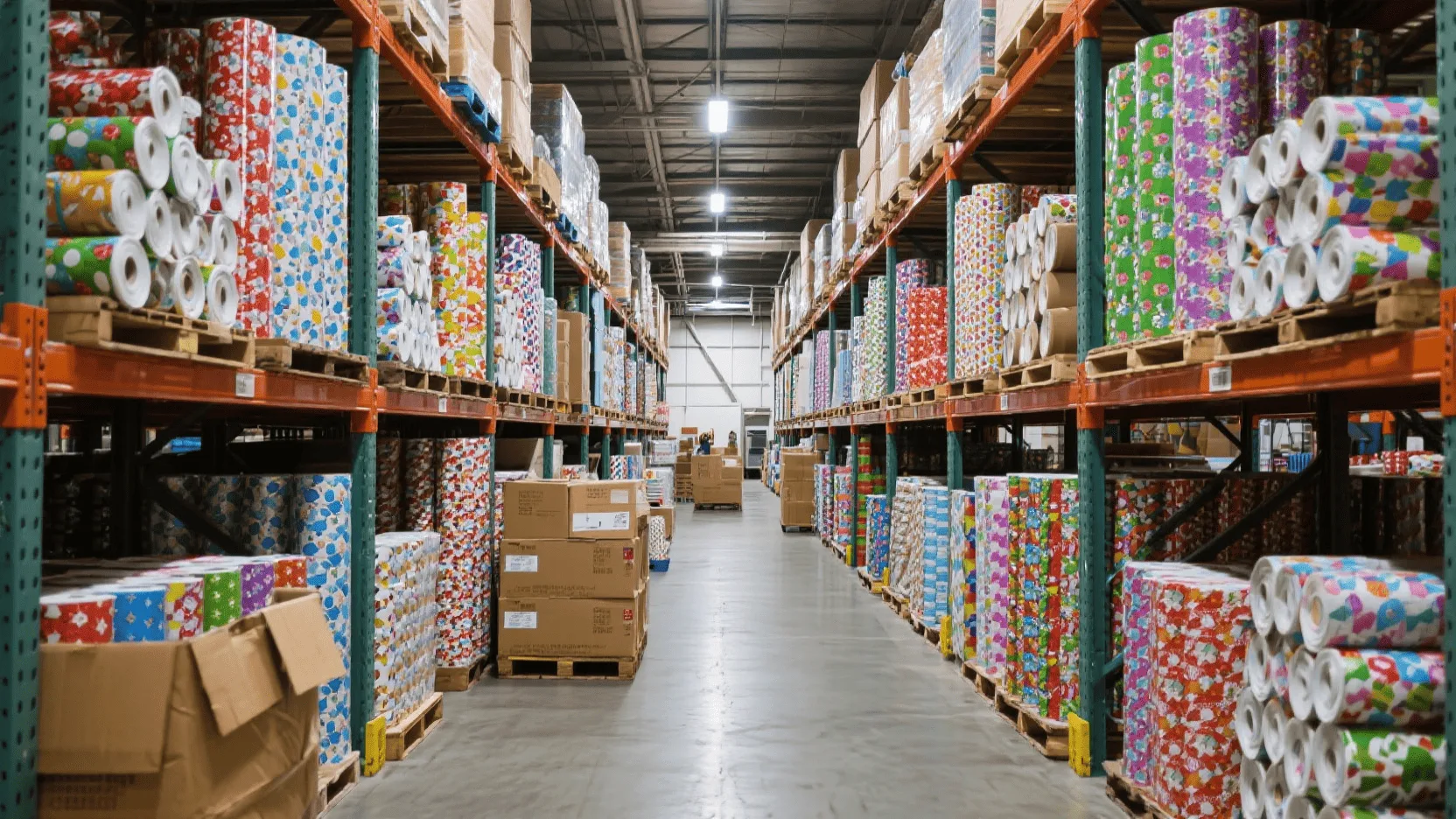A bustling warehouse filled with large rolls of colorful wrapping paper ready for shipment.