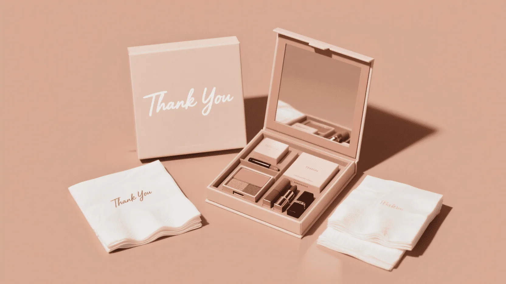 A flat-lay image of an open makeup box, showing carefully arranged products, branded tissue paper, and a 