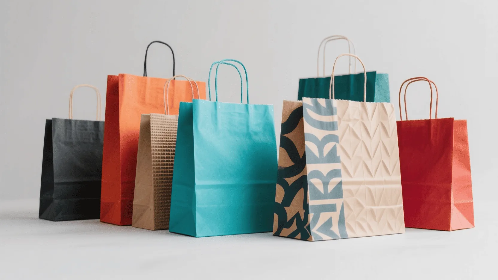 A close-up shot of different textured and colored paper bags showcasing modern design trends.