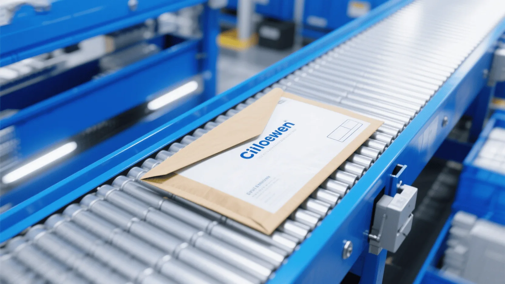 A dynamic image showing a branded paper mailer moving along a conveyor belt in a fulfillment center.