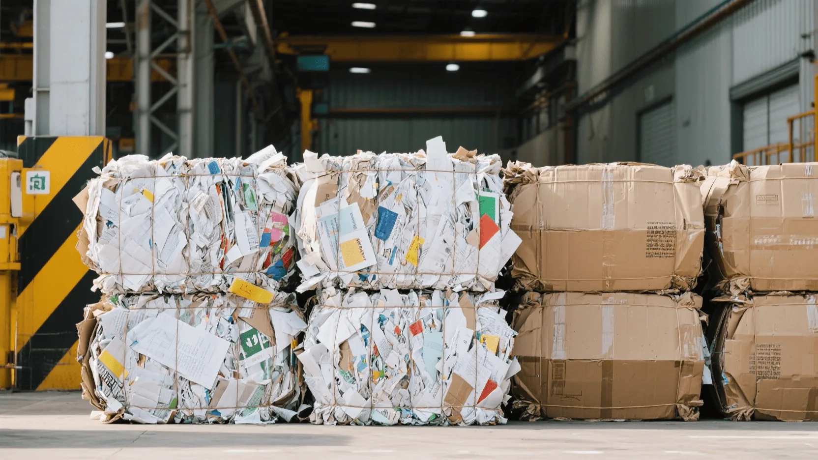 Bales of compressed paper and cardboard ready for recycling at a facility.