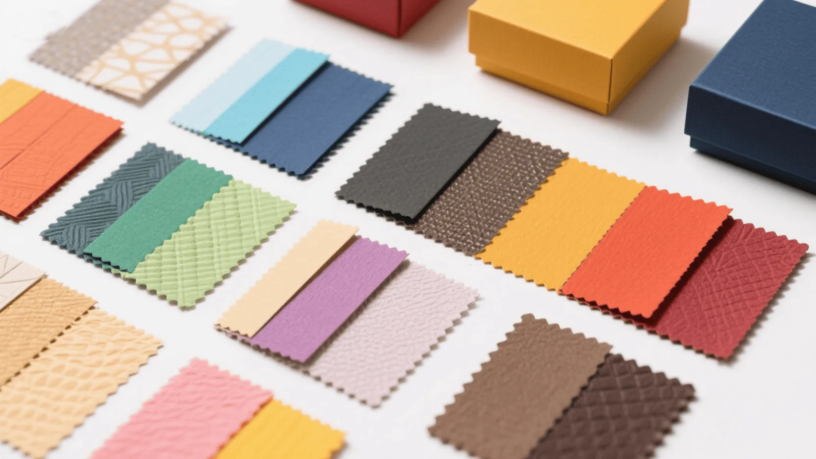 A close-up view of various paper swatches with different textures and colors for custom boxes