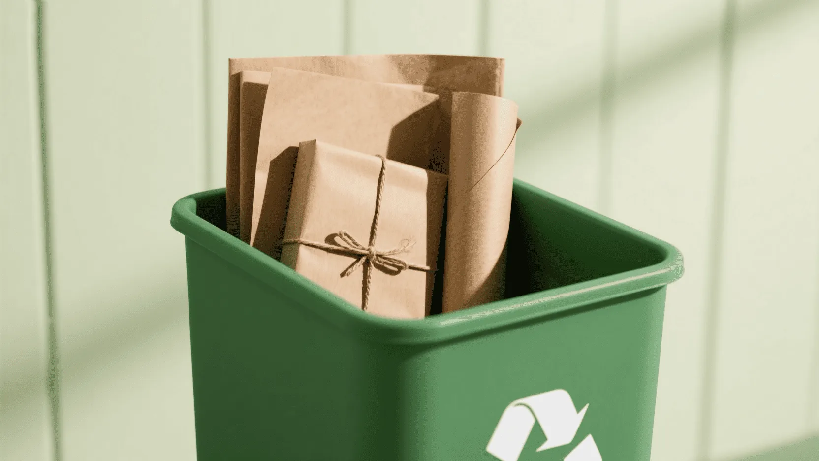 A recycling bin showing clean, recyclable paper products, including simple brown wrapping paper.