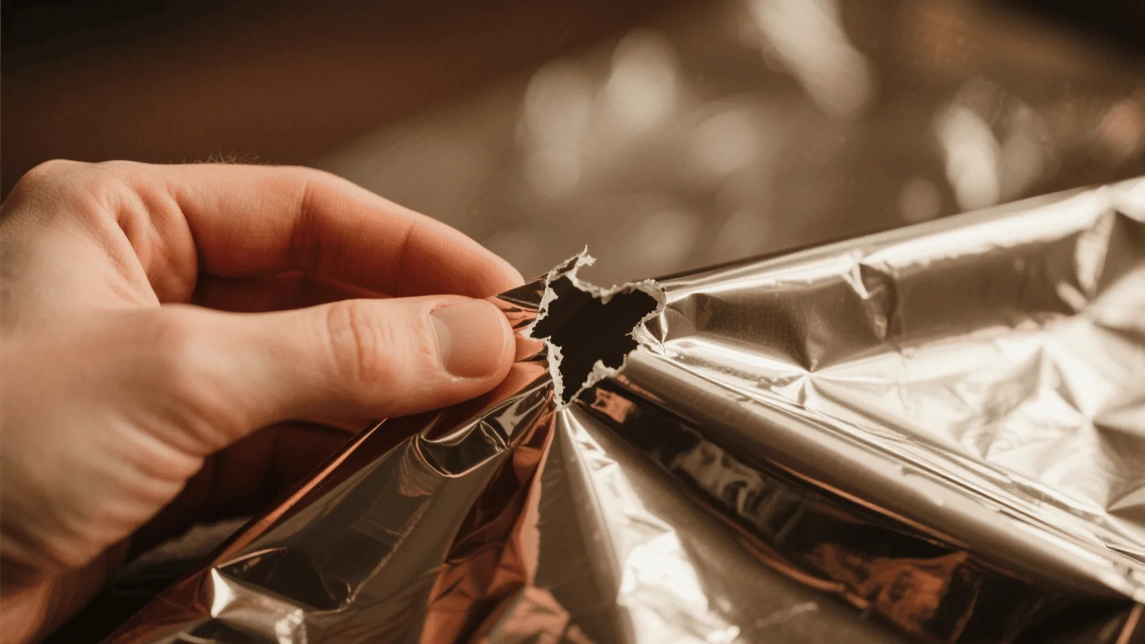 A close-up of a person's hand attempting to tear a piece of glossy, plastic-coated wrapping paper, showing how it stretches instead of ripping cleanly.