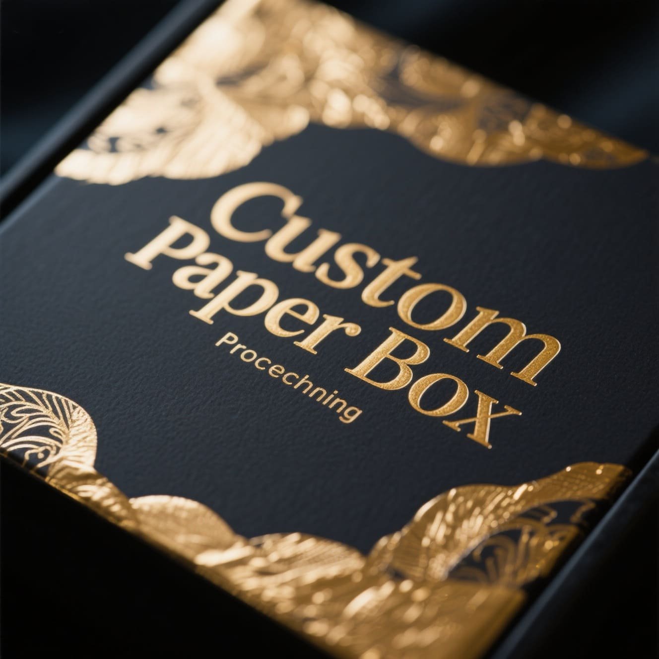 A close-up shot of gold foil hot stamping on a dark, luxurious custom paper box.