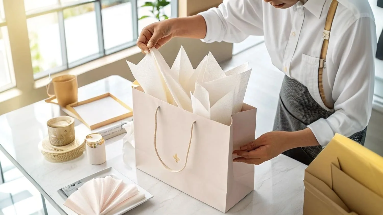 A beautifully arranged gift bag with tissue paper