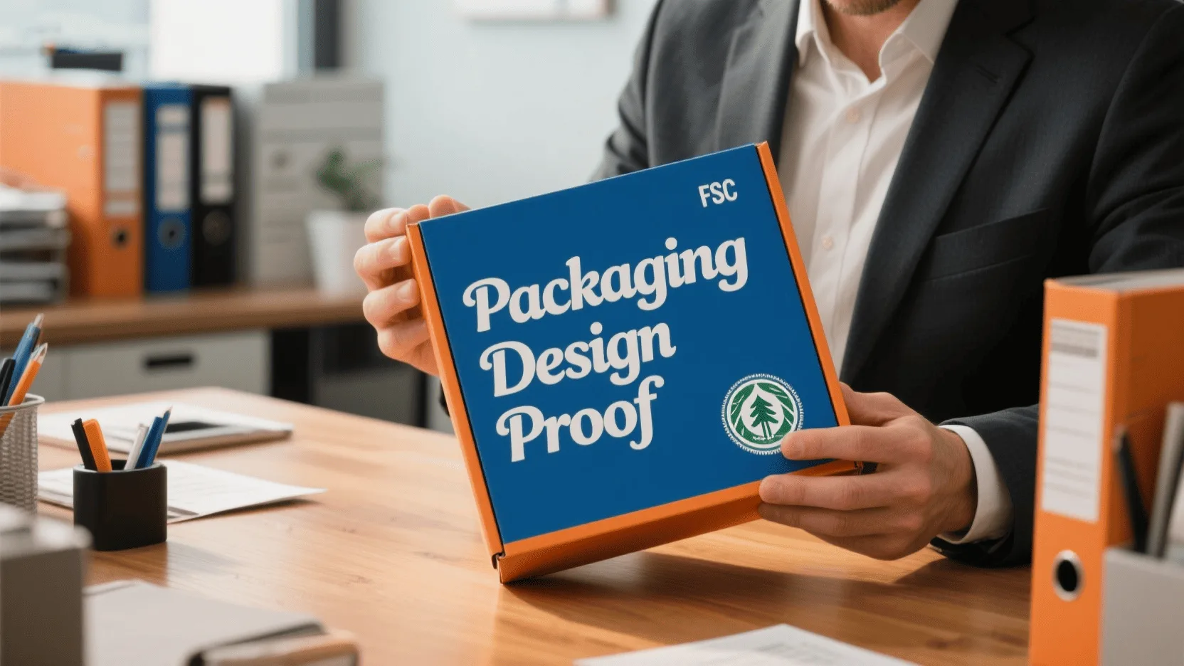 A marketing manager reviewing a packaging proof, carefully checking the placement and details of the FSC logo.