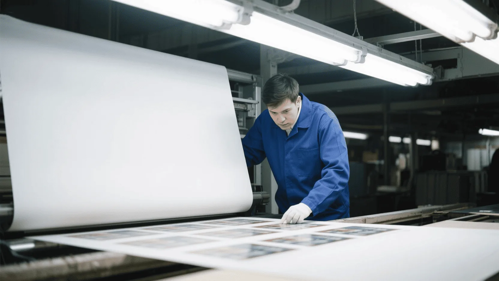 A printing technician carefully inspecting a freshly printed paper sheet under bright factory lights.