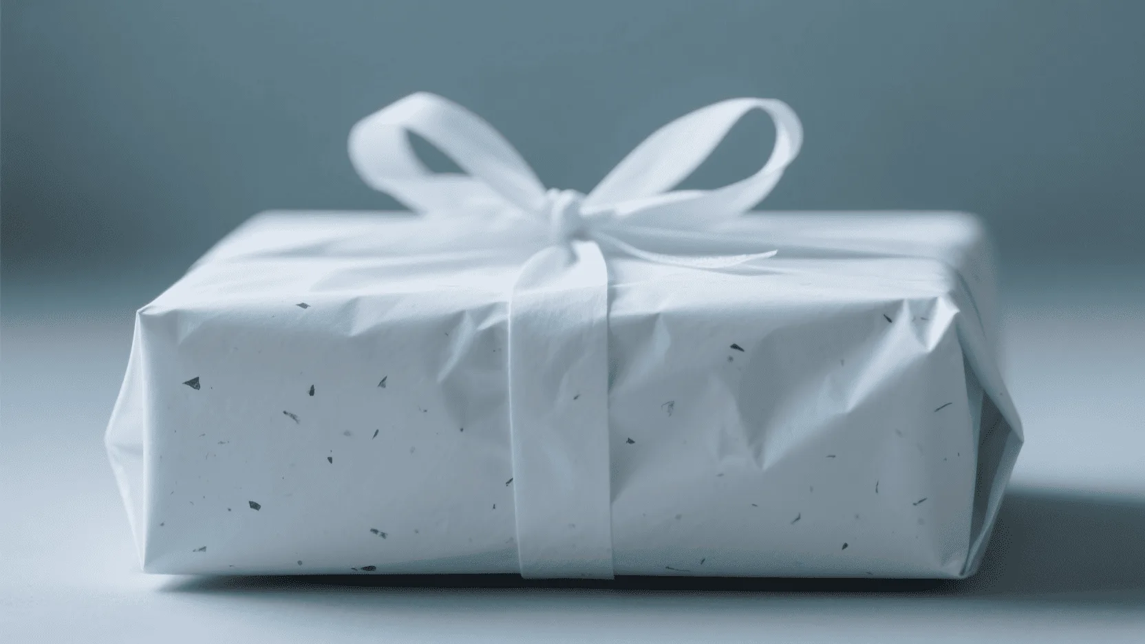 A gift wrapped in a bright white, matte-finish paper that has small, subtle flecks characteristic of recycled content.