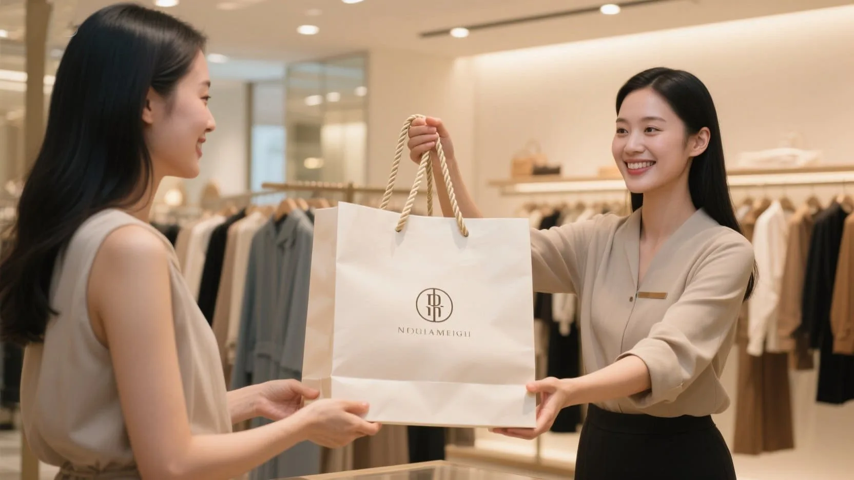 A clothing store employee handing a customer a branded twisted-handle paper bag